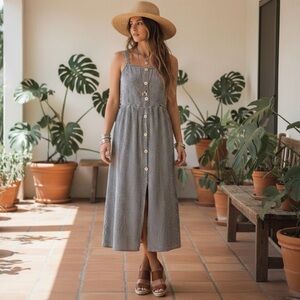 Caution To The Wind Boho Black and White Striped Midi Dress Medium